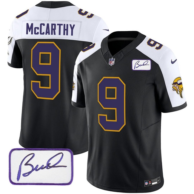 Men's Minnesota Vikings #9 J.J. McCarthy Black/White 2024 Draft F.U.S.E. Throwback Vapor Untouchable Limited Football Stitched Jersey